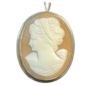 800 Silver Left Facing Cameo Shell Brooch  Pendant Set in 800 Silver Hand-Carved
